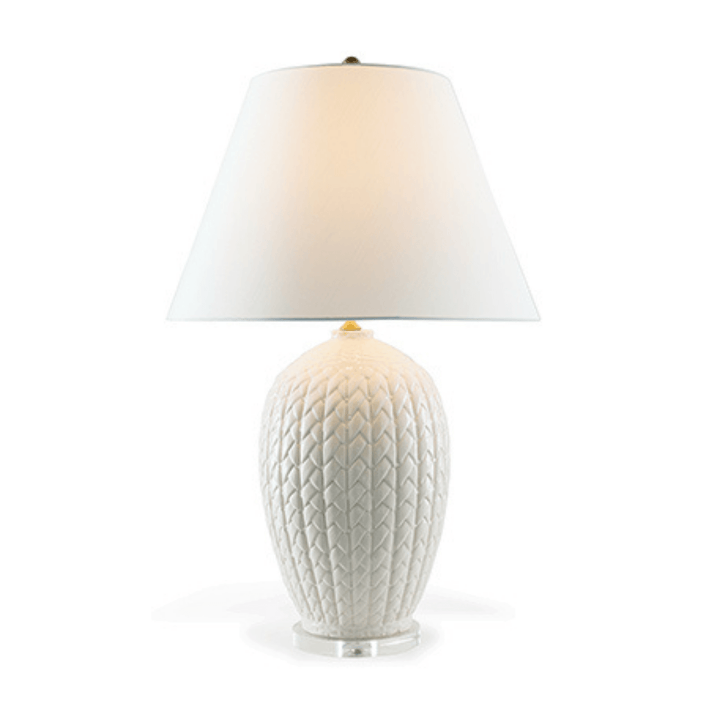 Cream Porcelain Carved Wicker Design Lamp With Shade - Table Lamps - The Well Appointed House