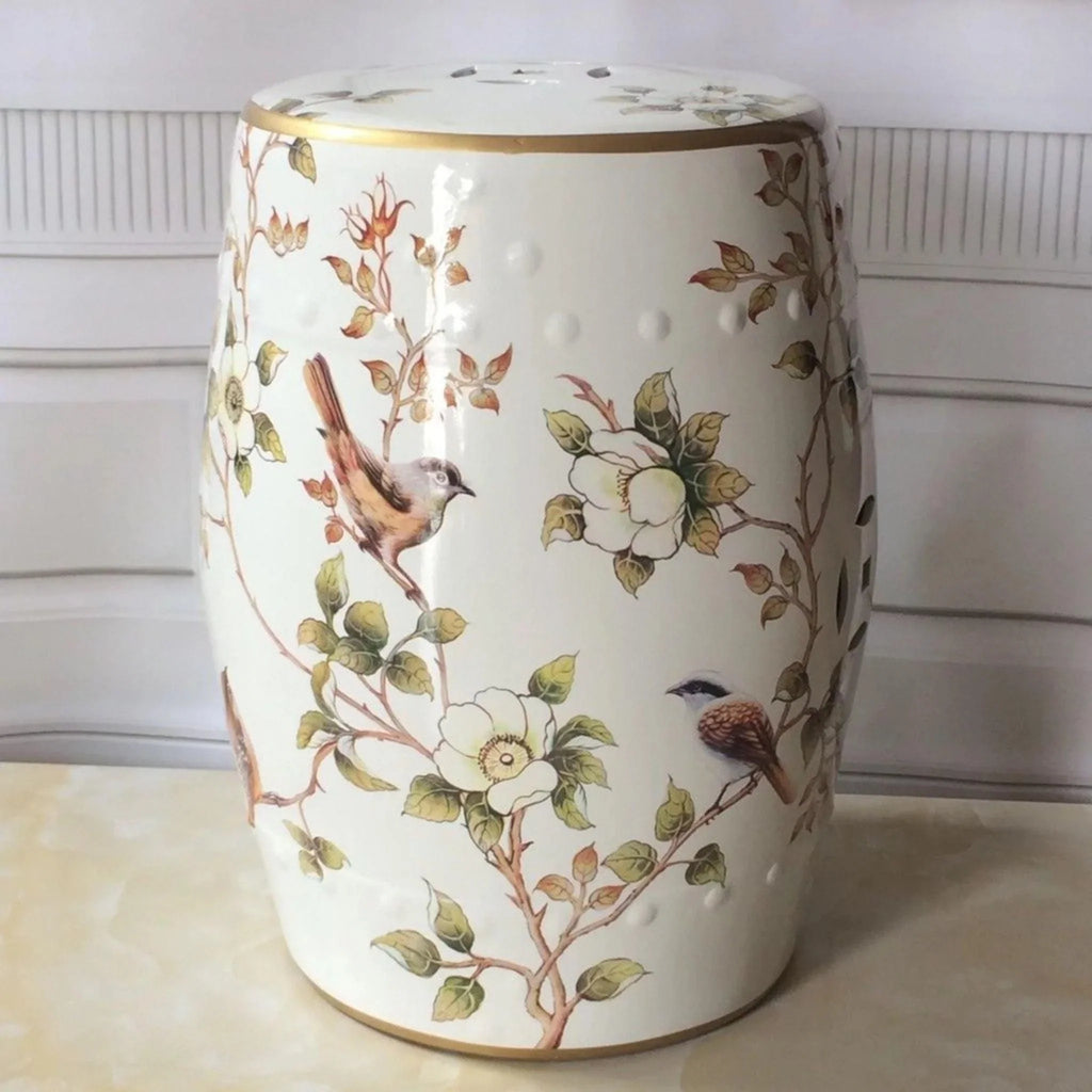 Cream Porcelain Garden Stool With Flowers and Birds - Garden Stools & Benches - The Well Appointed House