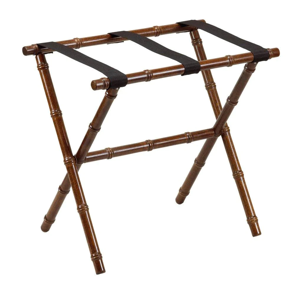 Dark Walnut Bamboo Inspired Wood Luggage Rack with 3 Black Nylon Straps - End of Bed - The Well Appointed House