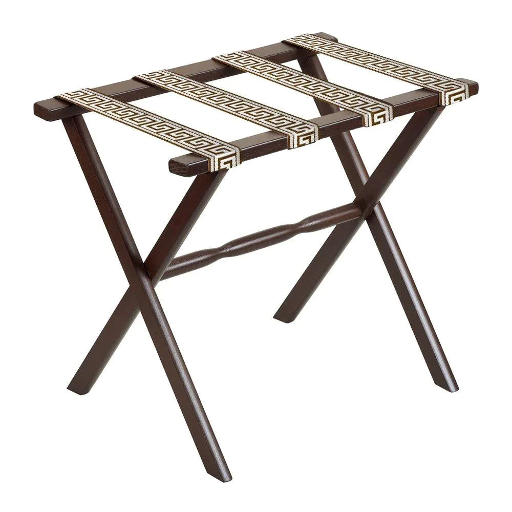 Dark Walnut Straight Leg Wood Luggage Rack with 4 Brown & Ivory Greek Key Straps - End of Bed - The Well Appointed House