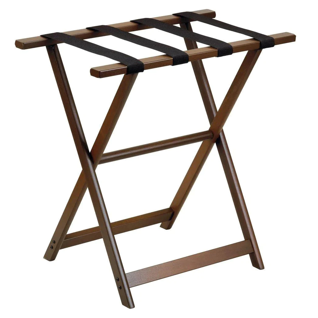 Dark Walnut Tall Wood Luggage Rack With 4 Black Nylon Straps - End of Bed - The Well Appointed House