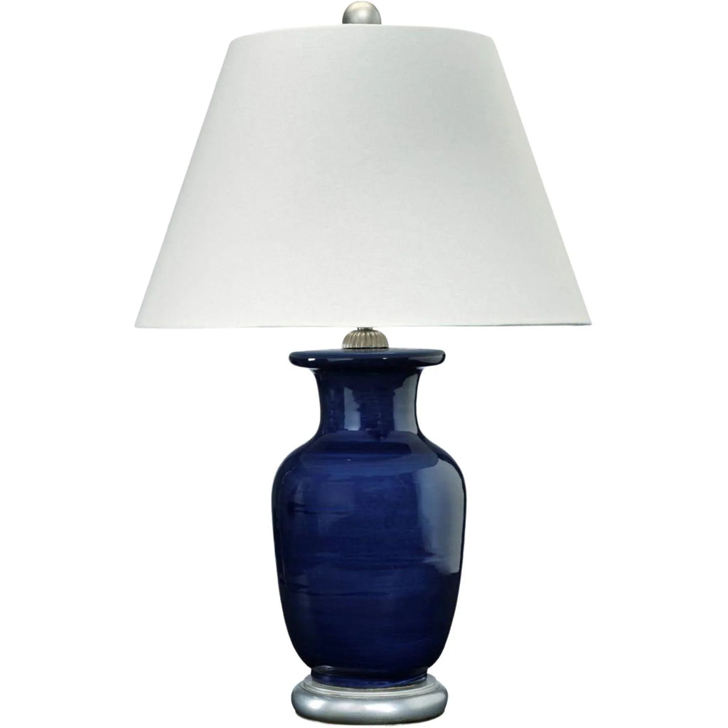 Deep Blue Ceramic Table Lamp with Angular White Shade and Silver Accents - Table Lamps - The Well Appointed House