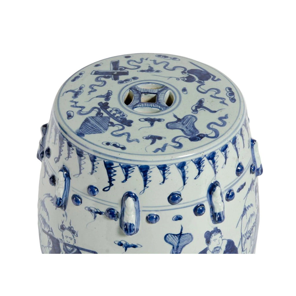 Eight Immortals Motif Blue and White Porcelain Garden Stool - Garden Stools & Benches - The Well Appointed House