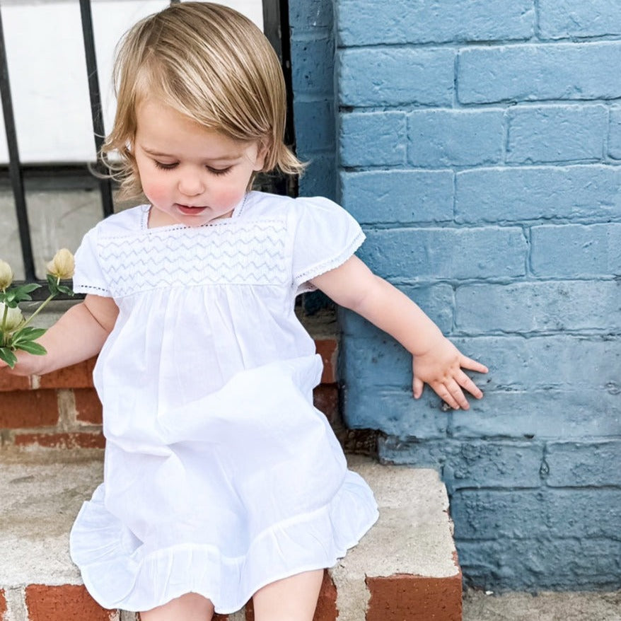 Amelia White Cotton Dress, Smocked - The Well Appointed House