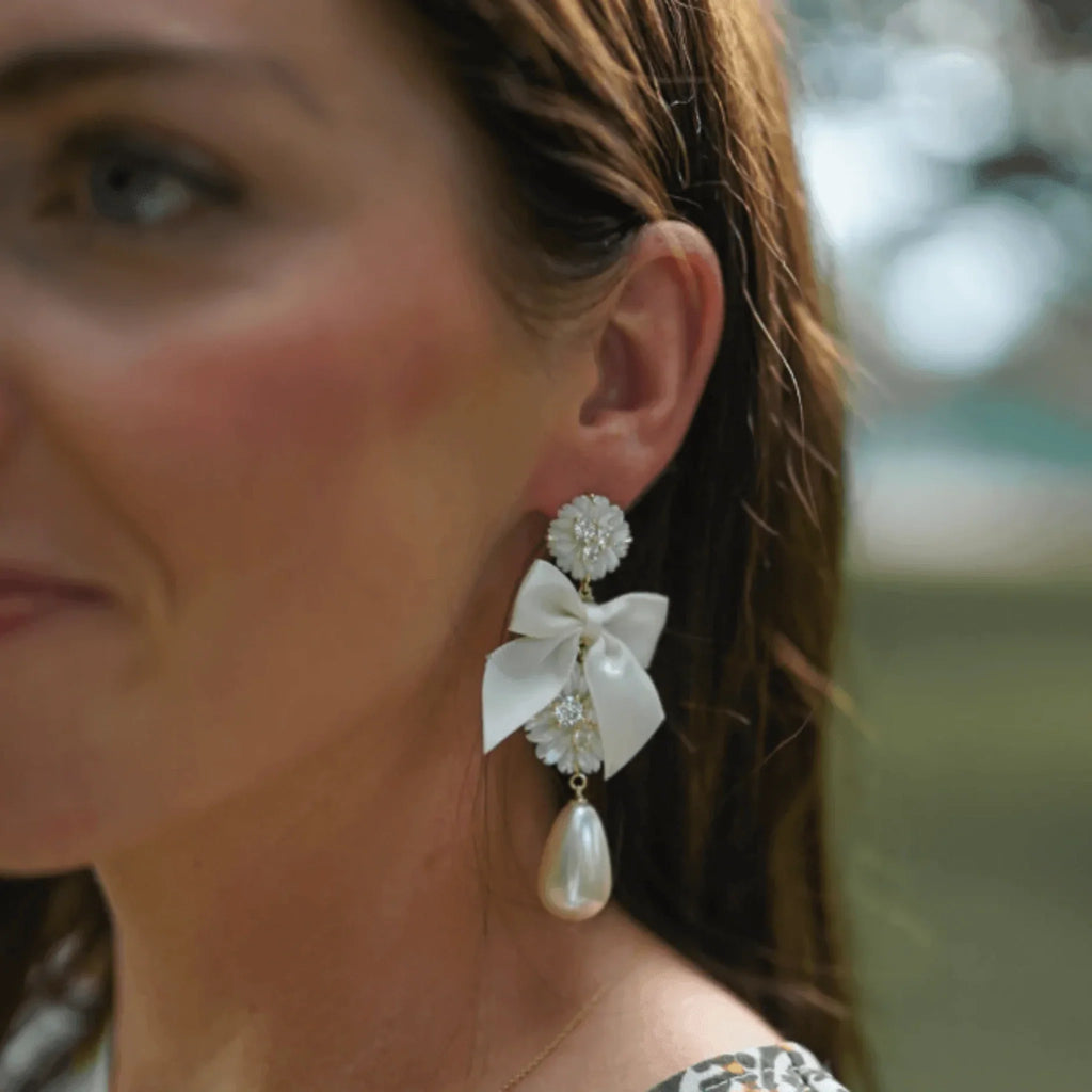 Embellished Mother of Pearl Ivory Bow Earrings - Gifts for Her - The Well Appointed House