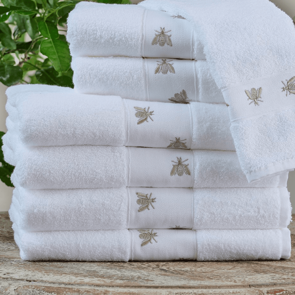 Embroidered Honeybee Design White Cotton Towels - Bath Towels - The Well Appointed House