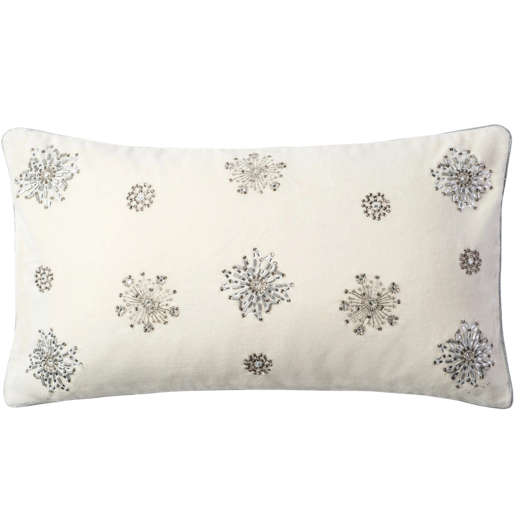 Embroidered Snowflake Pillow, Cream Cotton Velvet - The Well Appointed House 
