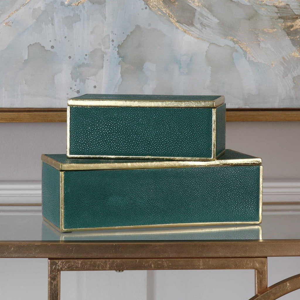 Emerald Green Decorative Storage Boxes with Gold Leaf Trim - Decorative Boxes - The Well Appointed House