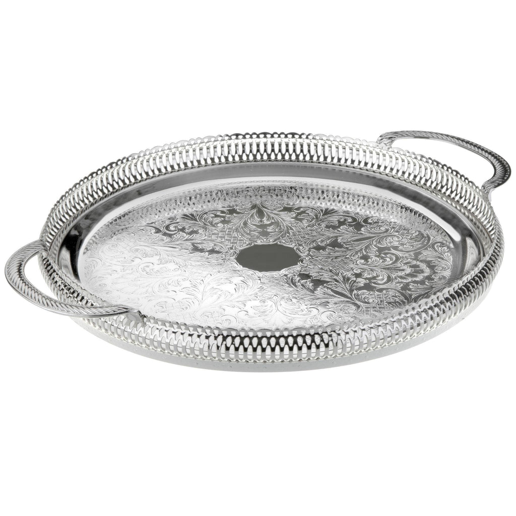 English Silver Plate Gallery Round Tray with Handles - Serveware - The Well Appointed House