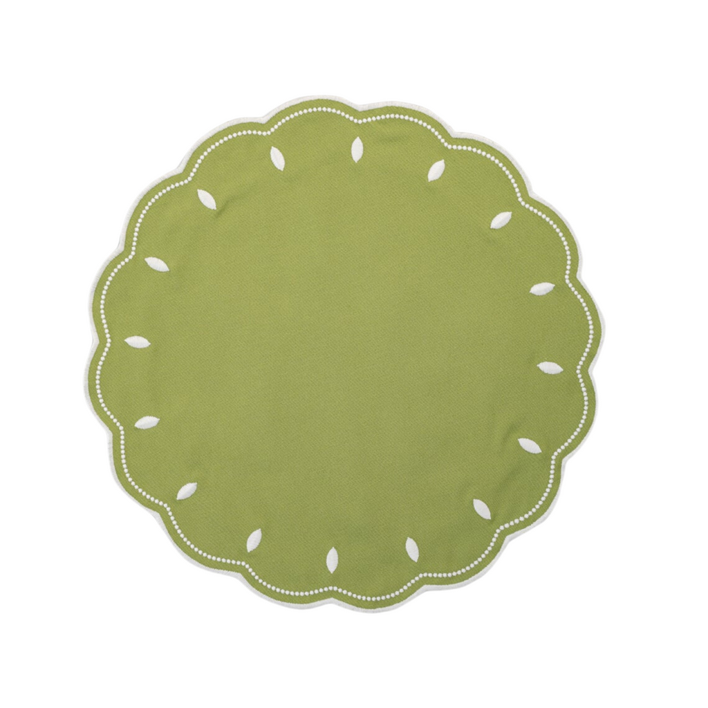Round Green With White Embroidery Placemat & Napkin Set - The Well Appointed House
