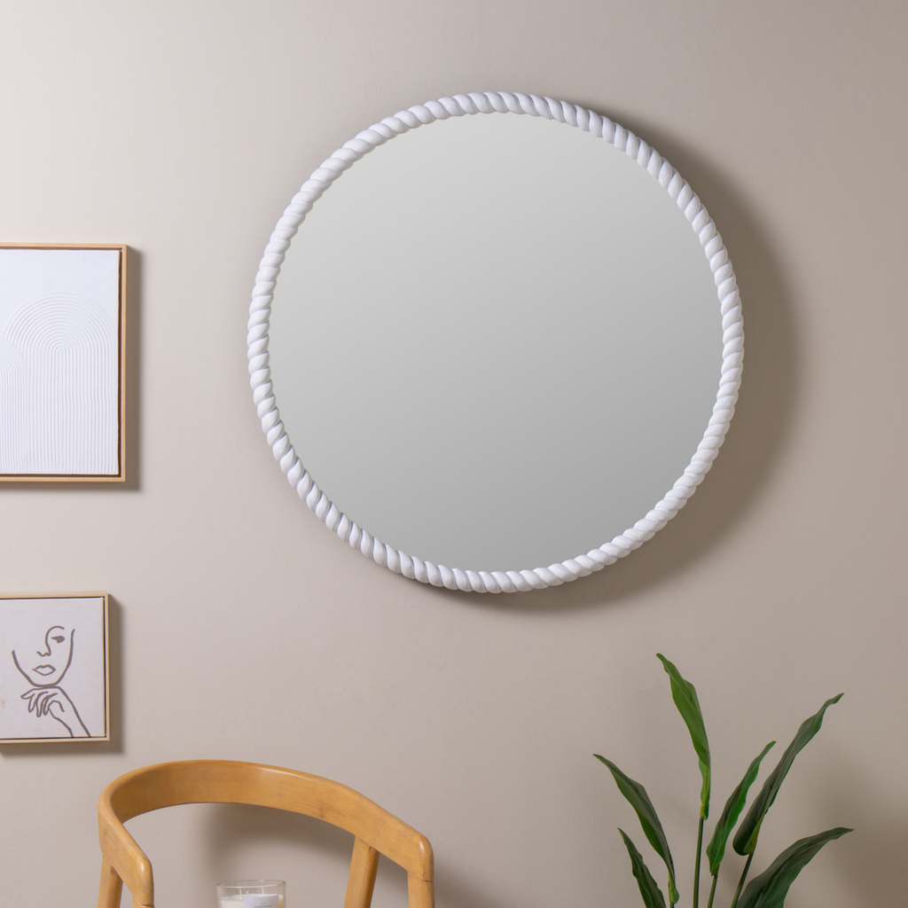 Round White Cord Trimmed Wall Mirror - The Well Appointed House