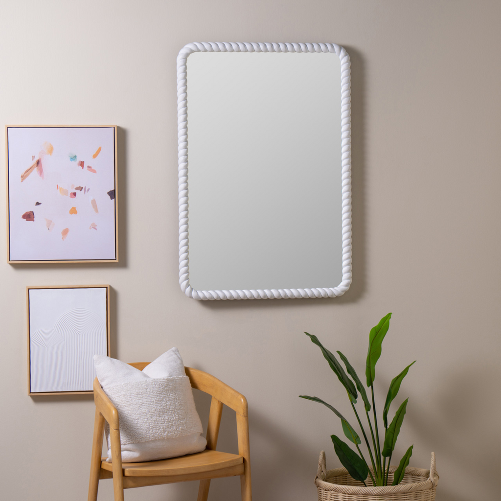 Rectangular Matte White Cord Trimmed Wall Mirror - The Well Appointed Houe