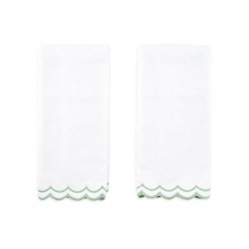 Pair of White Scalloped Edge Embroidered Cotton Face Towels - The Well Appointed House