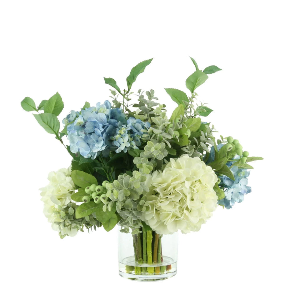 Faux Blue, White & Green Hydrangeas, Berries and Eucalyptus in a Glass Vase - Florals & Greenery - The Well Appointed House