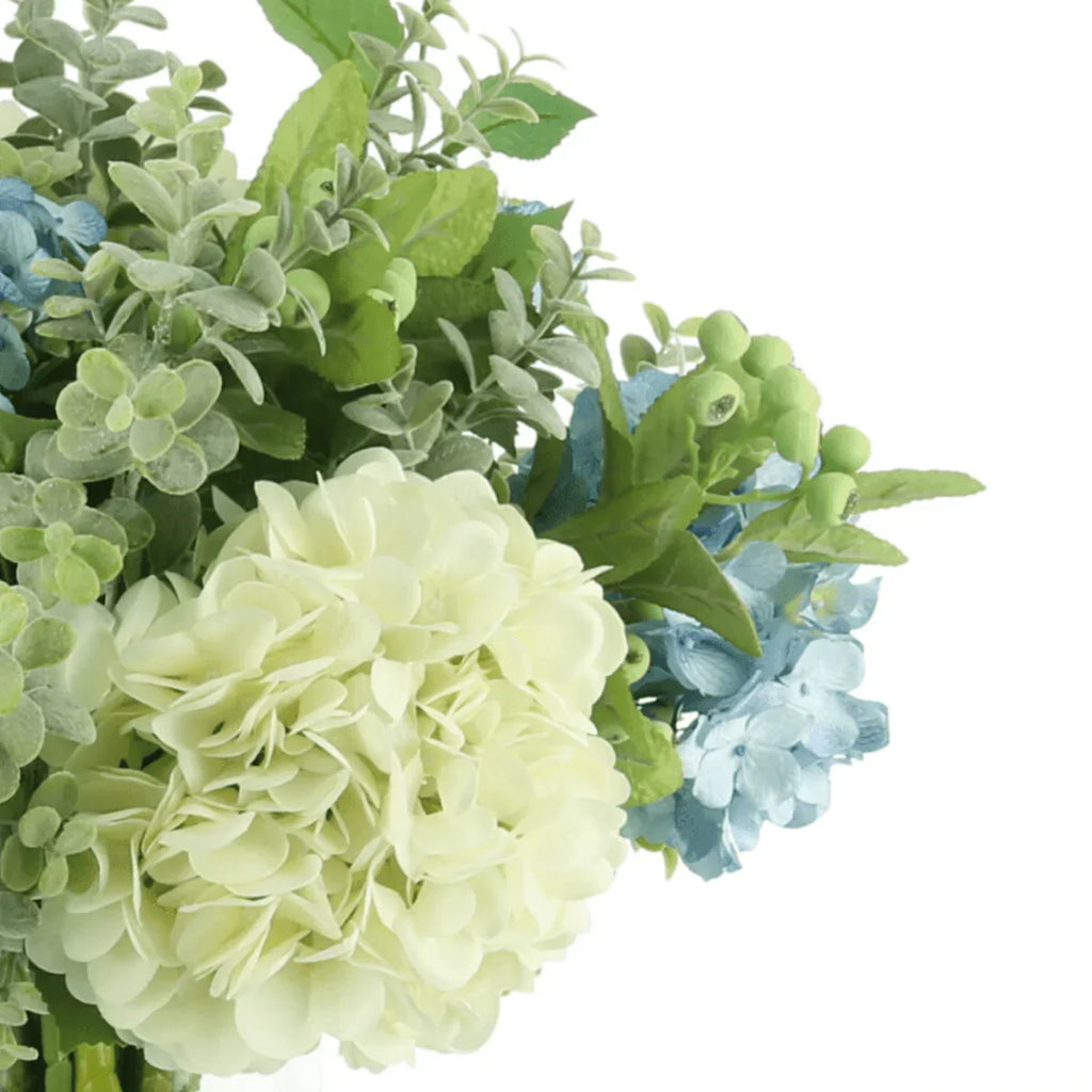 Faux Blue, White & Green Hydrangeas, Berries and Eucalyptus in a Glass Vase - Florals & Greenery - The Well Appointed House