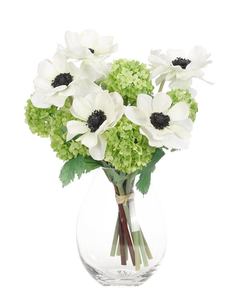 Faux Bouquet of White Anemone and Green Hydrangea in a Glass Teardrop Vase - Florals & Greenery - The Well Appointed House