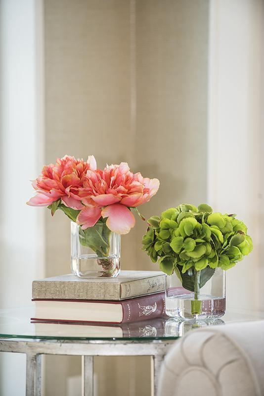 Faux Coral Peony Cuttings in Glass Cube - Florals & Greenery - The Well Appointed House