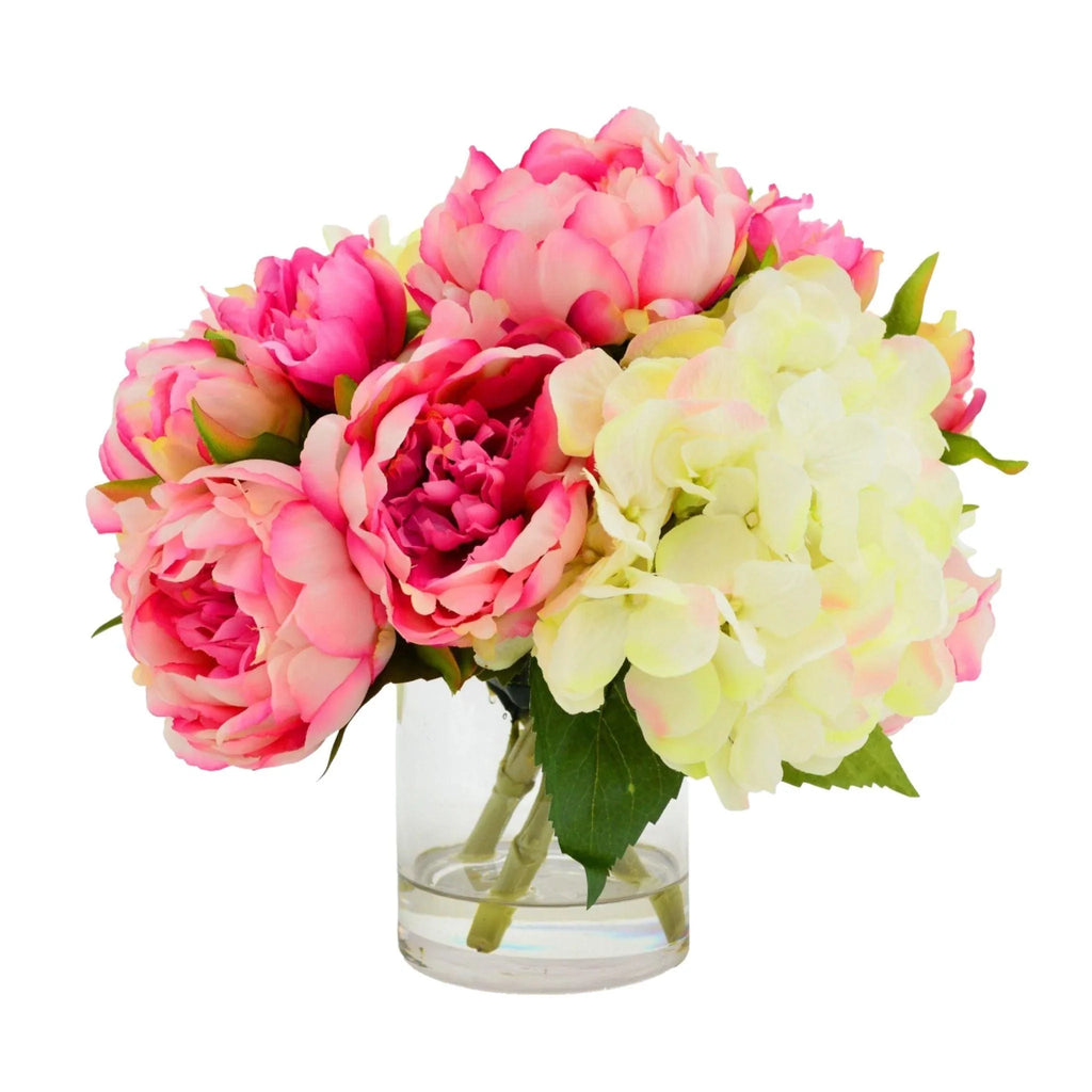 Faux Cream and Pink Hydrangea Peony Arrangement in Glass Vase - Florals & Greenery - The Well Appointed House