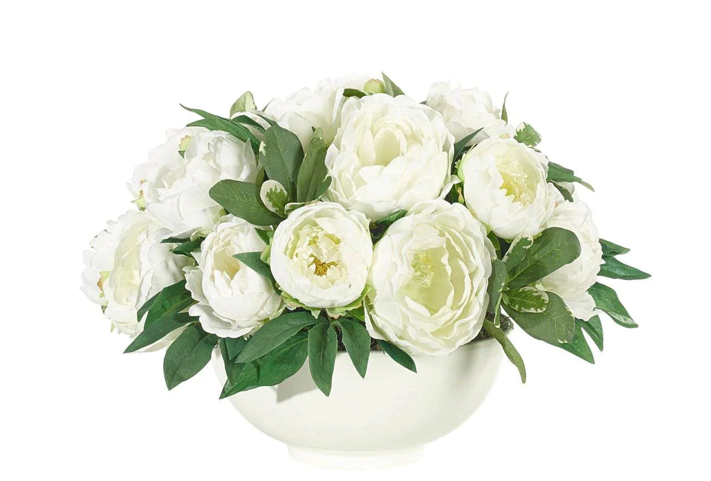 Faux Cream White Peony Arrangement in White Resin Bowl - Florals & Greenery - The Well Appointed House
