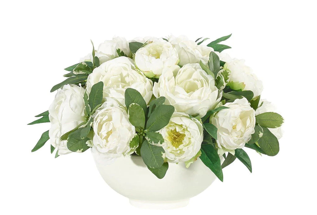 Faux Cream White Peony Arrangement in White Resin Bowl - Florals & Greenery - The Well Appointed House