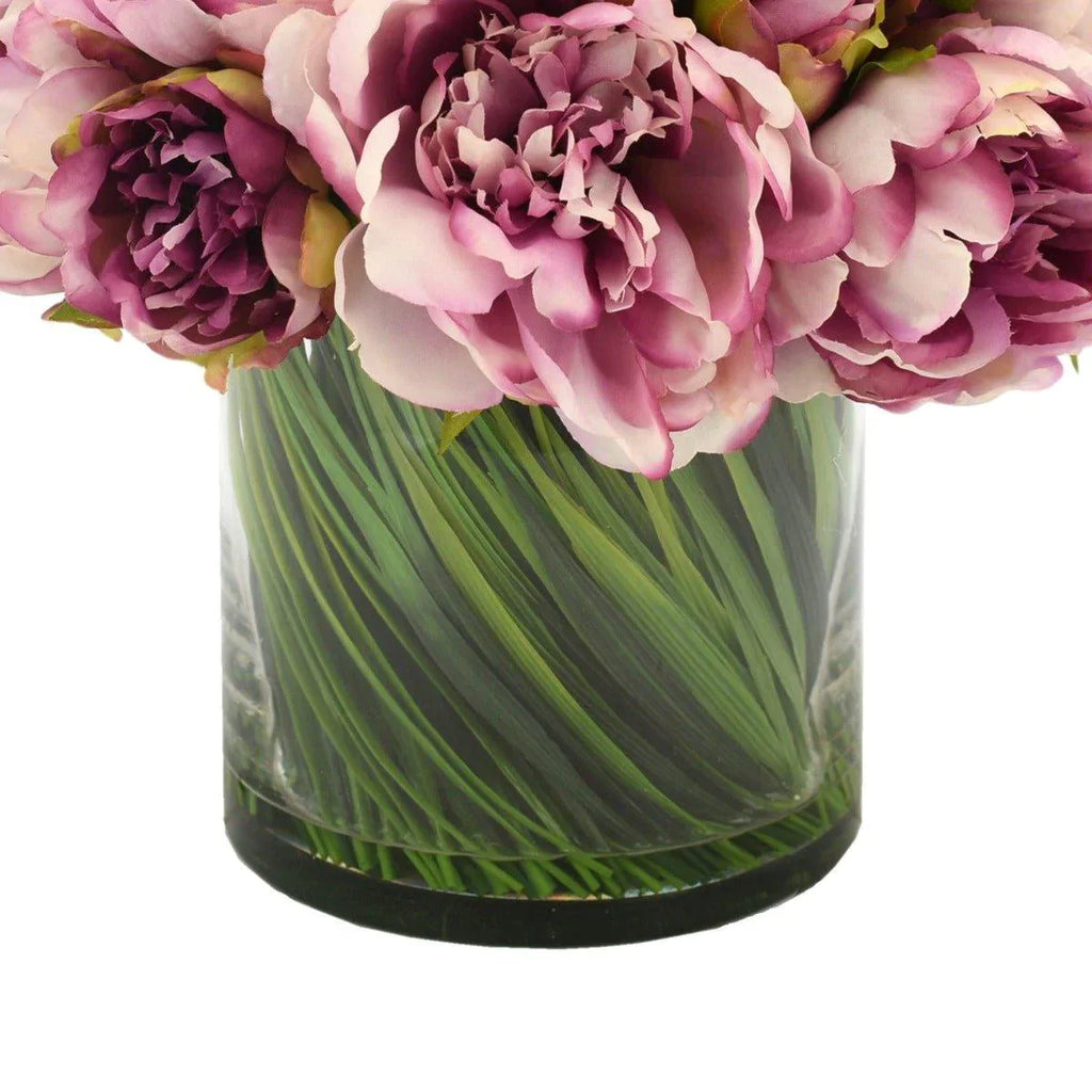 Faux Dark Pink Peonies and Grass Arranged in a Glass Vase - Florals & Greenery - The Well Appointed House