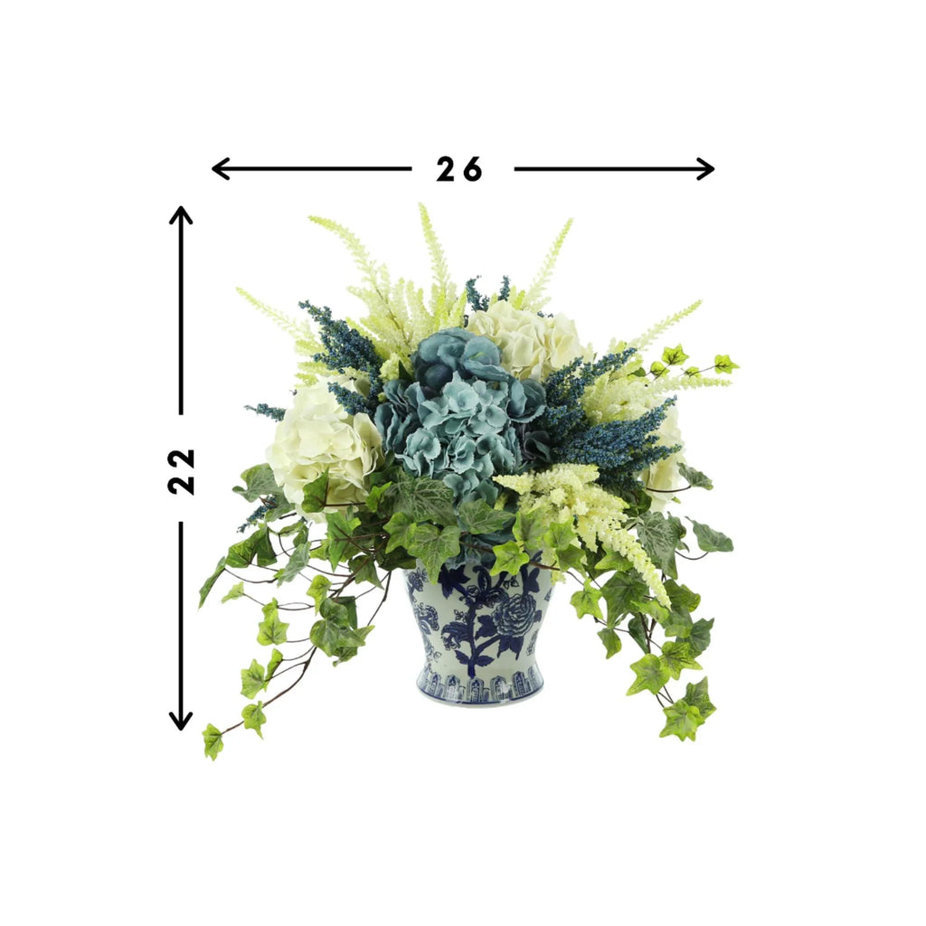 Faux Hydrangea, Heather and Ivy Centerpiece in a Blue and White Ceramic Vase - Florals & Greenery - The Well Appointed House