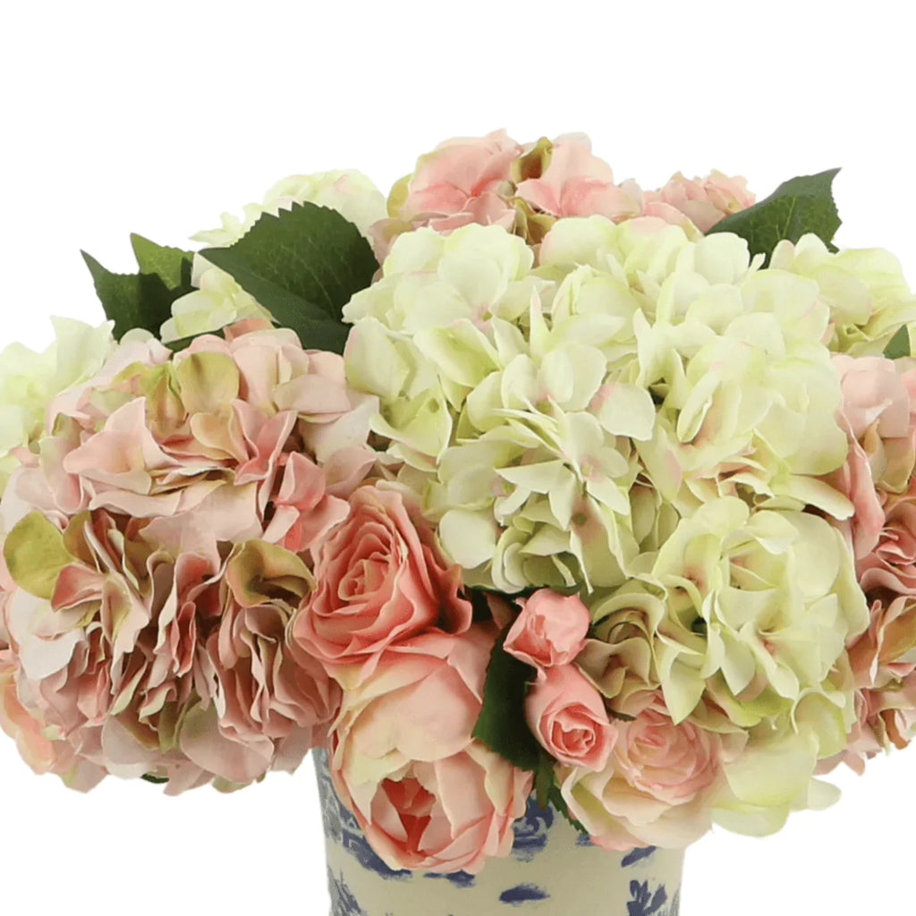 Faux Hydrangeas, Roses & Peonies in a Blue and Cream Ceramic Vase - Florals & Greenery - The Well Appointed House