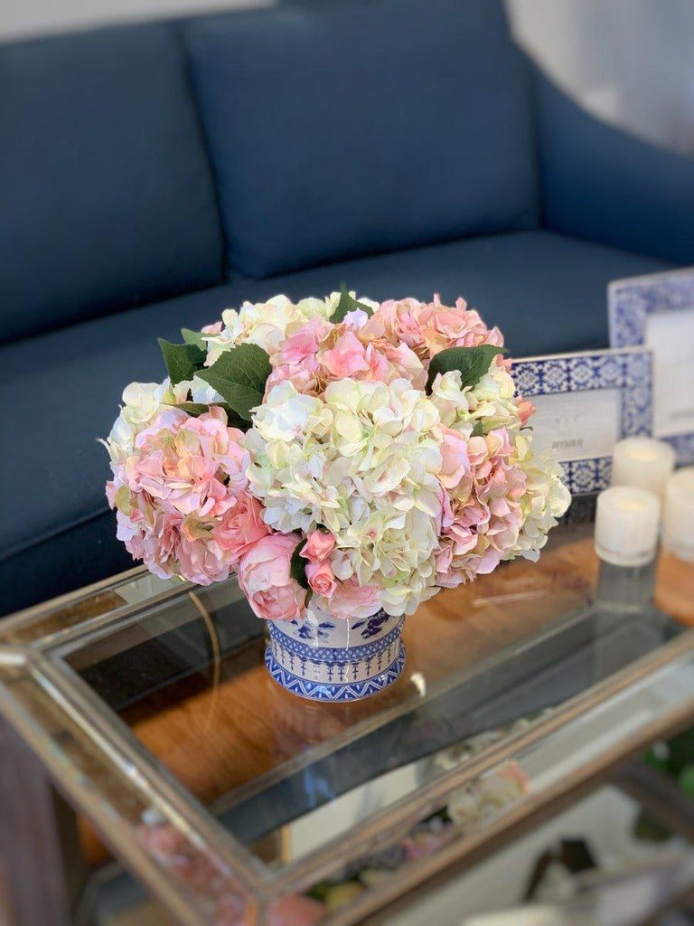 Faux Hydrangeas, Roses & Peonies in a Blue and Cream Ceramic Vase - Florals & Greenery - The Well Appointed House