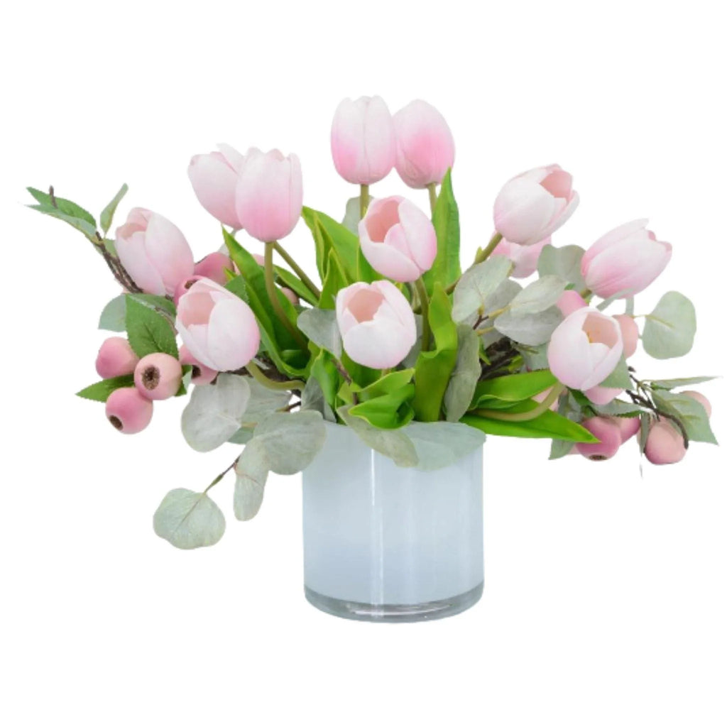 Faux Pastel Pink Tulips in Milk Glass Vase - Florals & Greenery - The Well Appointed House