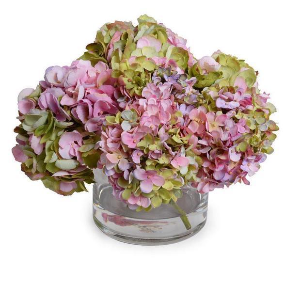 Faux Pink & Green Hydrangea Arrangement in Glass Vase - Florals & Greenery - The Well Appointed House