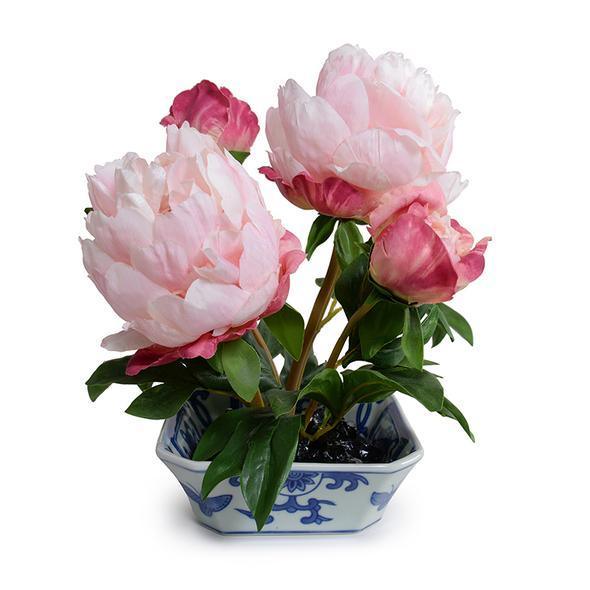 Faux Pink Peony Cutting in Blue & White Porcelain Dish - Florals & Greenery - The Well Appointed House