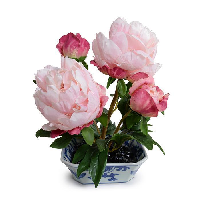 Faux Pink Peony Cutting in Blue & White Porcelain Dish - Florals & Greenery - The Well Appointed House