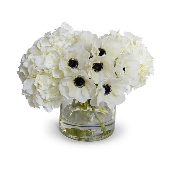 Faux White Anemone Arrangement in Glass Vase - Florals & Greenery - The Well Appointed House