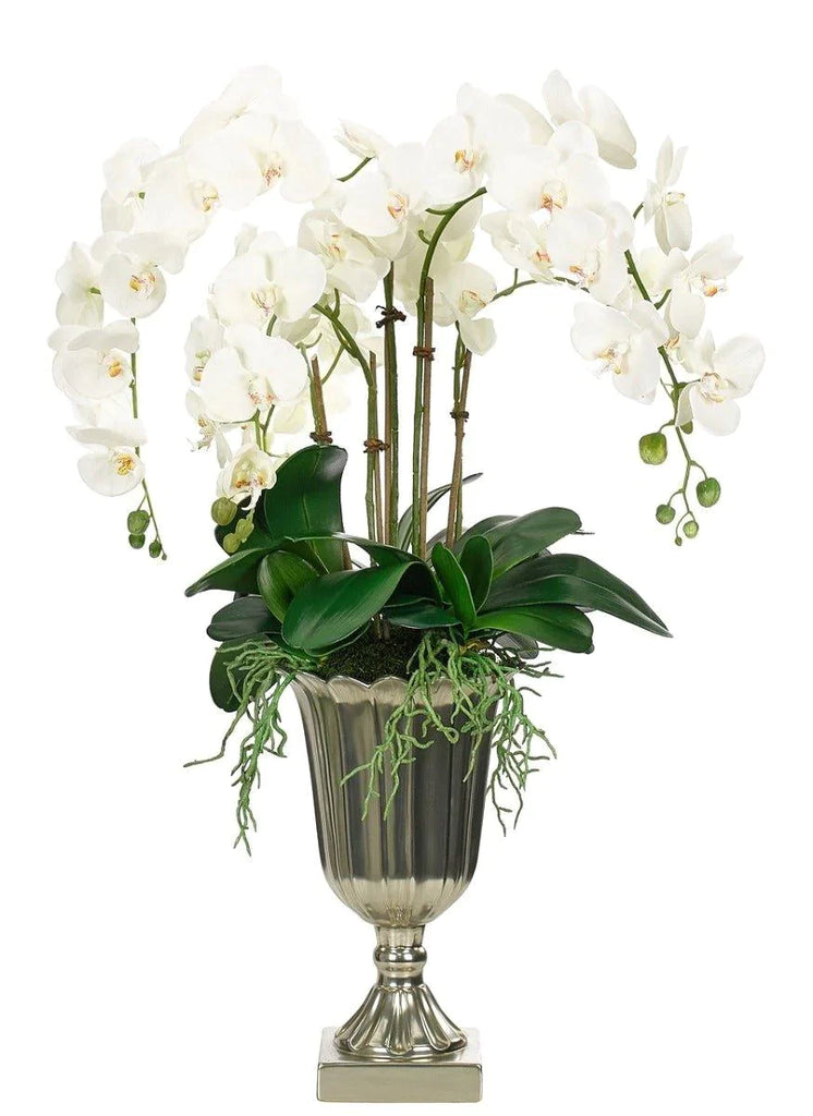 Faux White Orchid Phalaenopsis Arrangement in Ceramic Metallic Urn - Florals & Greenery - The Well Appointed House