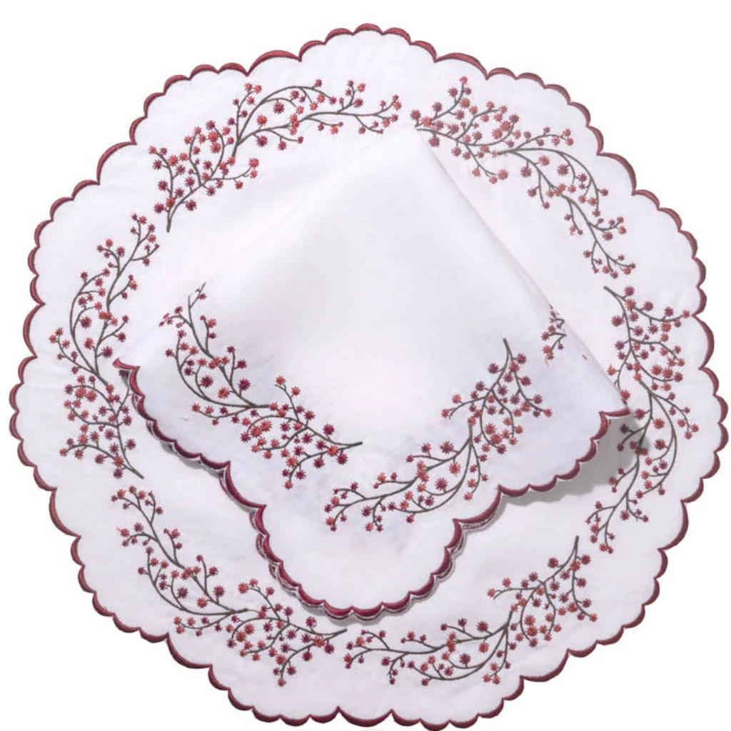 Set of 12 White Linen Embroidered With Burgundy Vines Placemats & Napkins - The Well Appointed House