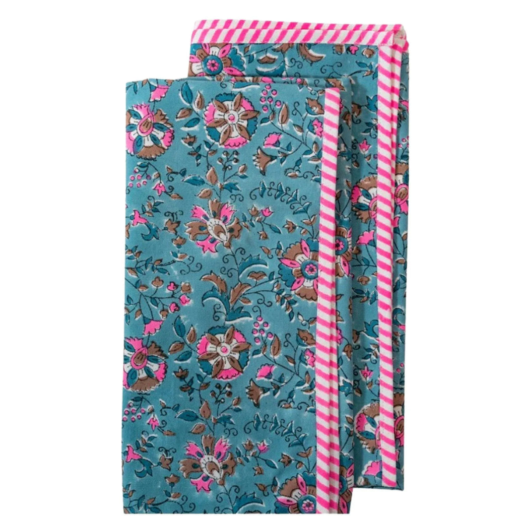 Floral Block Print Hand Towels in Pink and Aqua - Hand Towels - The Well Appointed House
