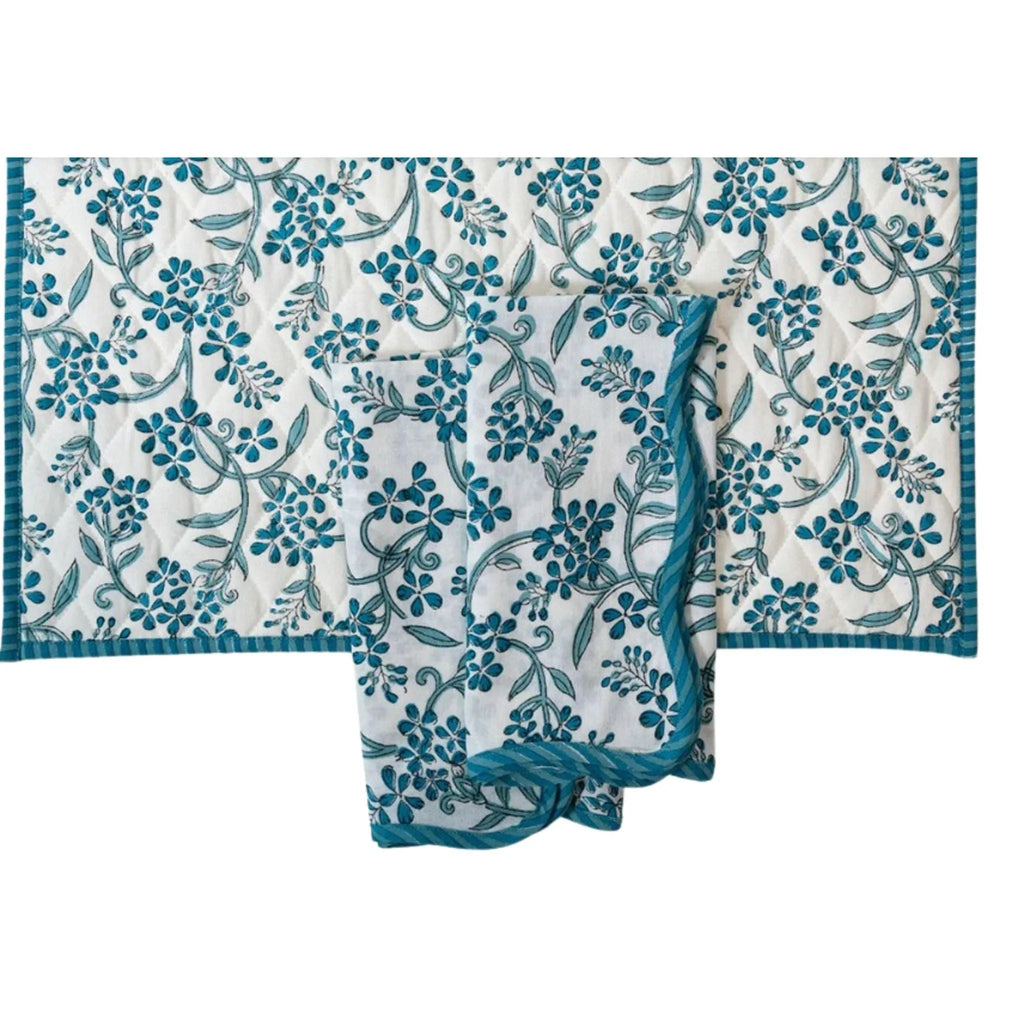 Floral Block Print Quilted Placemats in Blue and White-Set of 4 - Placemats - The Well Appointed House