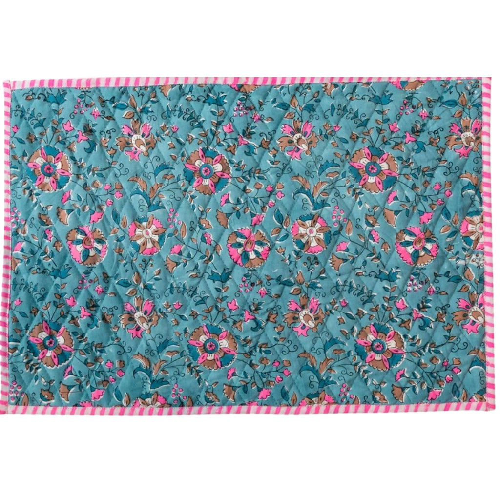 Floral Block Print Quilted Placemats in Pink and Aqua-Set of 4 - Placemats - The Well Appointed House