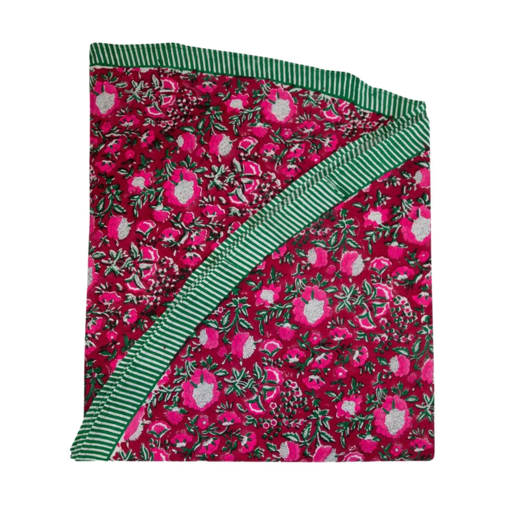 Floral Block Print Round Tablecloth in Dark Pink and Green - Tablecloths - The Well Appointed House
