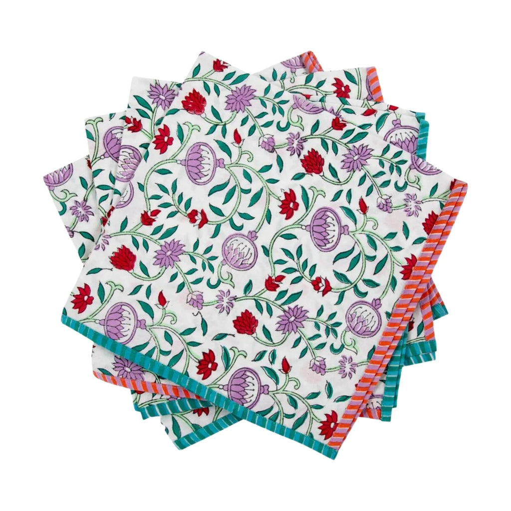 Floral Loews Block Prints Napkins in Turquoise and Purple-Set of 4 - Dinner Napkins - The Well Appointed House