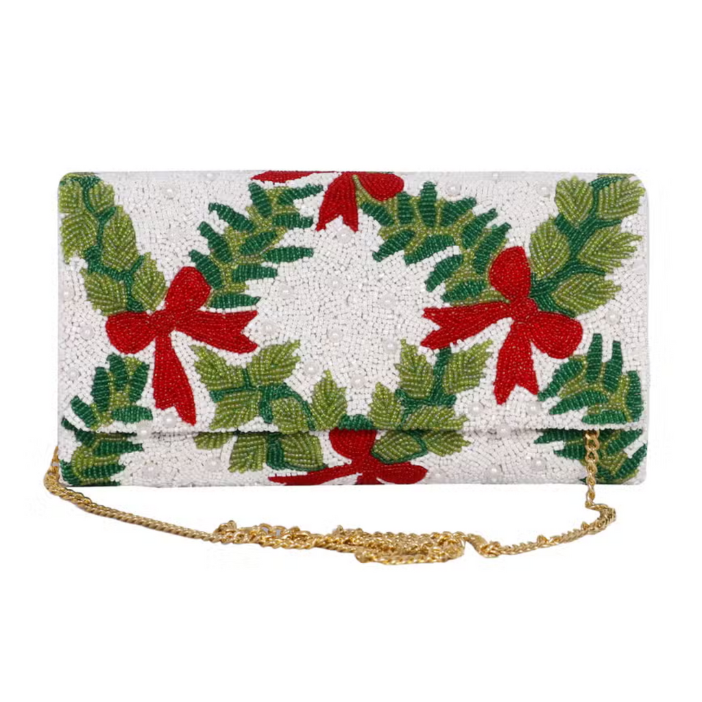 Fully Beaded Garland With Red Bows Design Christmas Clutch - The Well Appointed House