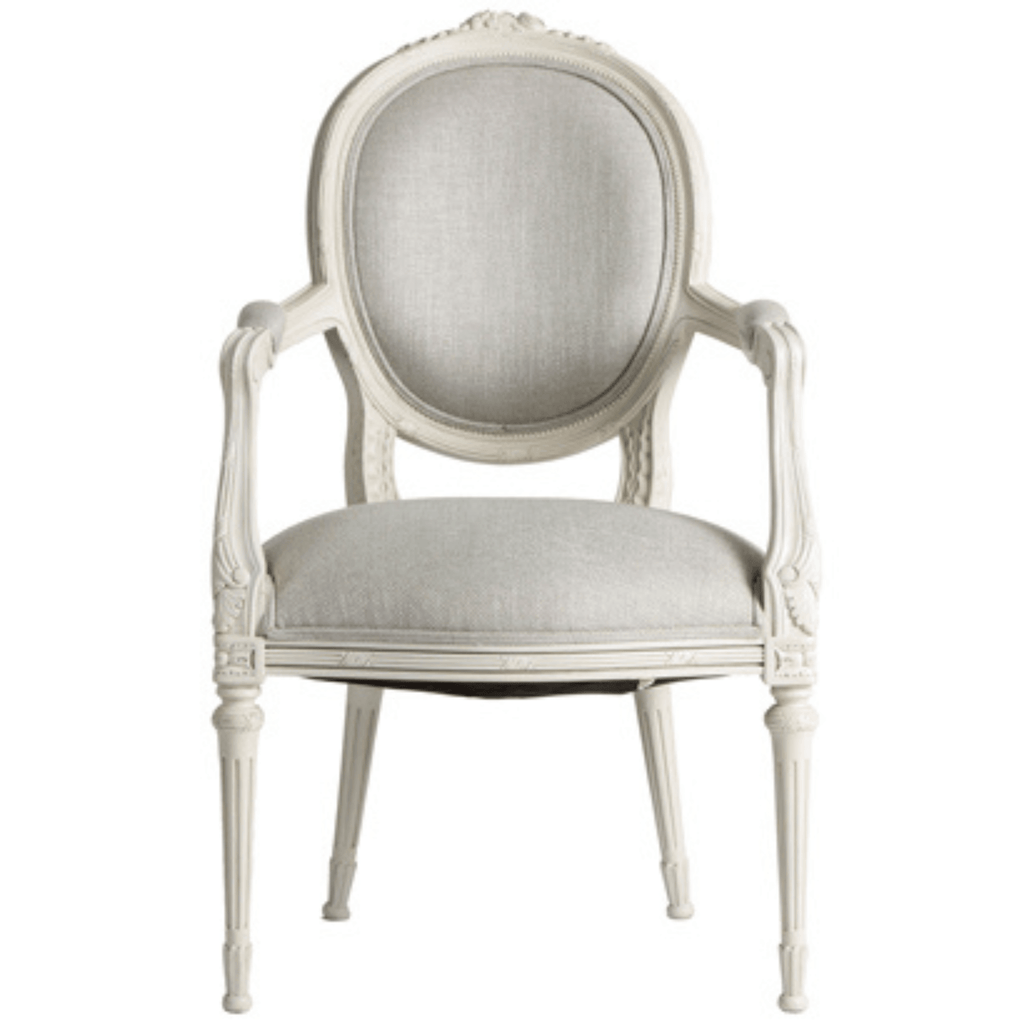 French Style Hand-Carved Arm Chair With Grey Linen Upholstery - Dining Chairs - The Well Appointed House