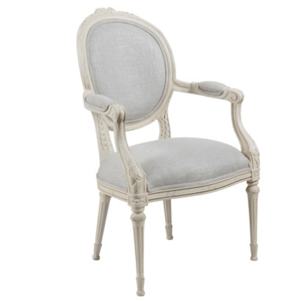 French Style Hand-Carved Arm Chair With Grey Linen Upholstery - Dining Chairs - The Well Appointed House