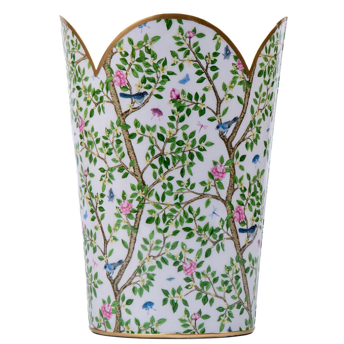 Garden Motif Blue and Pink Enameled Tulip Wastebasket and Optional Tis