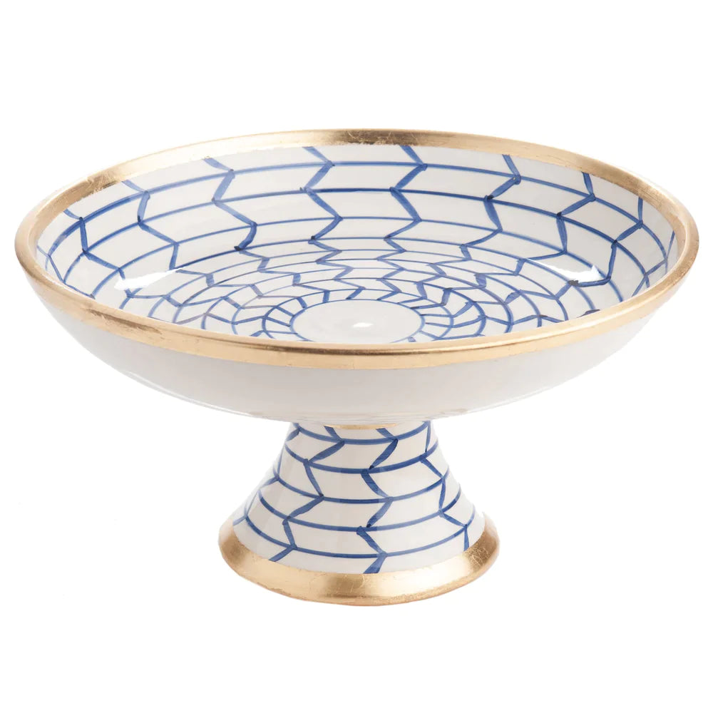 Geometric Designed Blue & White Raised Footed Plate Centerpiece - Serveware - The Well Appointed House