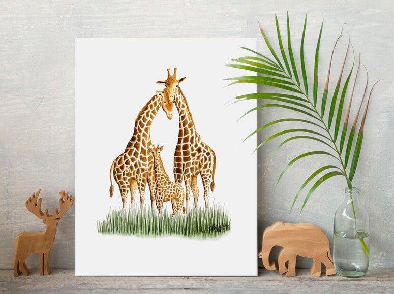 Giraffe Family Standing in Grass Canvas Children's Wall Art - Little Loves Art - The Well Appointed House