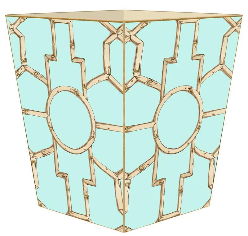 Gold Bamboo on Aqua Decoupage Wastebasket and Optional Tissue Box Cover - Wastebasket Sets - The Well Appointed House