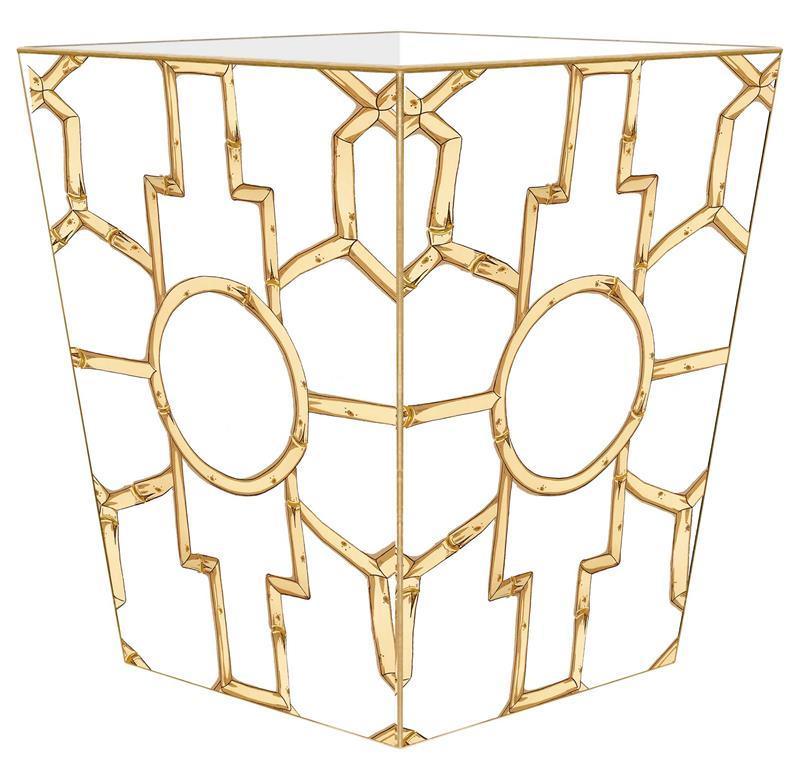Gold Bamboo on White Decoupage Wastebasket and Optional Tissue Box Cover - Wastebasket Sets - The Well Appointed House