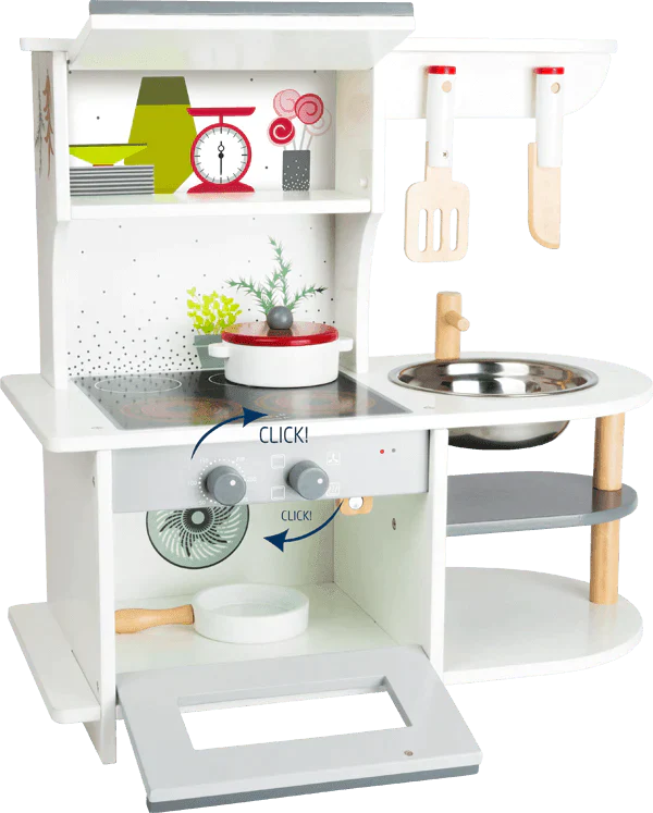 Graceful White Wooden Children's Play Kitchen - Little Loves Kitchens Food & Kids Grocery - The Well Appointed House