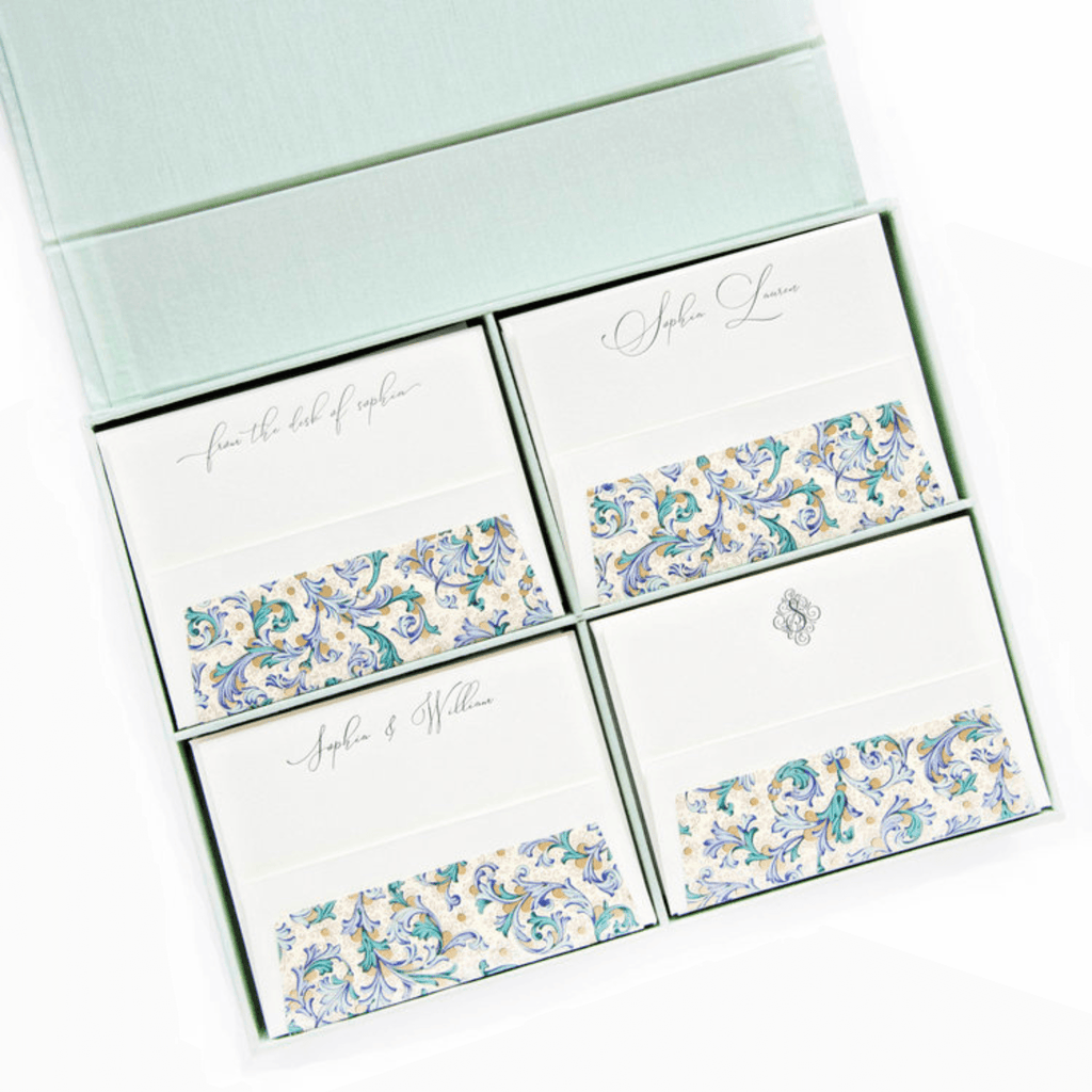 Grand Seafoam Leaf Scroll Silk Letterpress Stationery Box Set- G26 - Stationery - The Well Appointed House